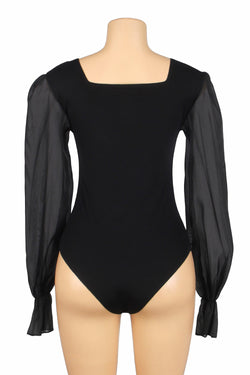 Black Sexy Swim Cloth Chiffon Puff Sleeves Square Neck Open Crotch Bodysuit