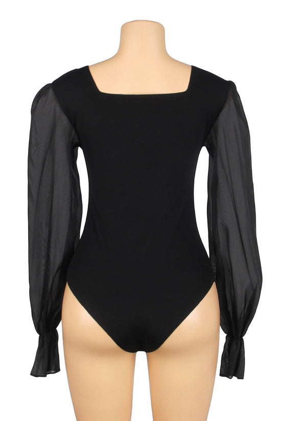 Black Sexy Swim Cloth Chiffon Puff Sleeves Square Neck Open Crotch Bodysuit