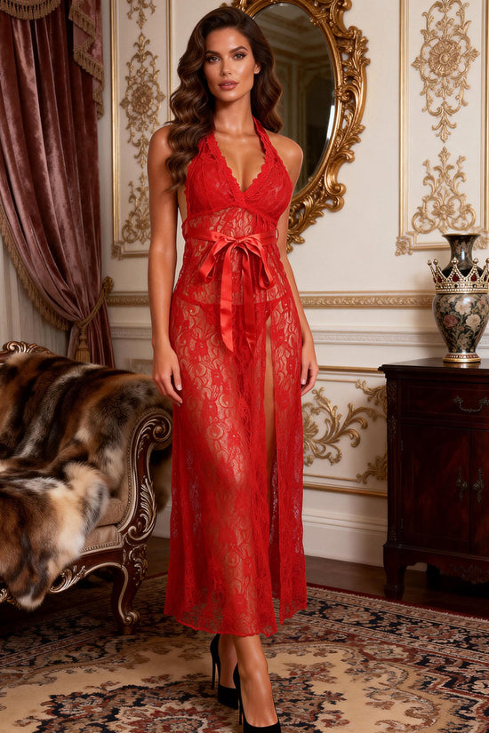 Vestido de noche con cuello halter de encaje sexy rojo