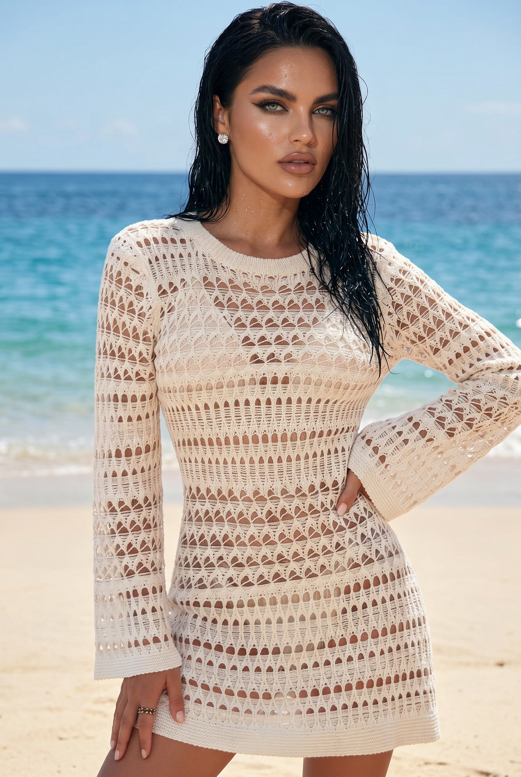 ✨ IVORY GLOW – The sensual crochet beach dress