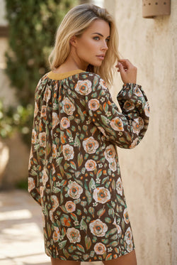 Brown Floral Print Contrast Trim V Neck Pocketed Long Sleeve Mini Dress