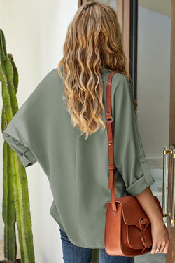 Green V Neck 3/4 Sleeve High Low Hem Shirt