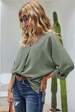 Green V Neck 3/4 Sleeve High Low Hem Shirt
