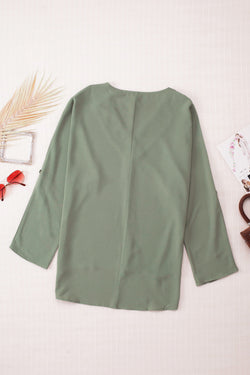 Green V Neck 3/4 Sleeve High Low Hem Shirt
