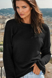 Dark Brown Waffle Knit Drop Shoulder Long Sleeve Top