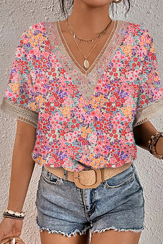 Blusa a manica corta con rivestimento in pizzo rosa