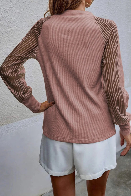 Apricot Striped Mesh Long Sleeve Crewneck Ribbed Top
