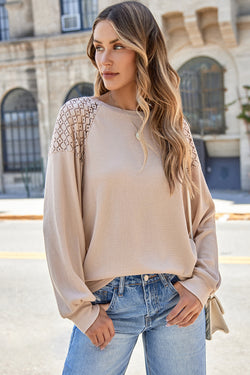 White Lace Long Sleeve Textured Pullover