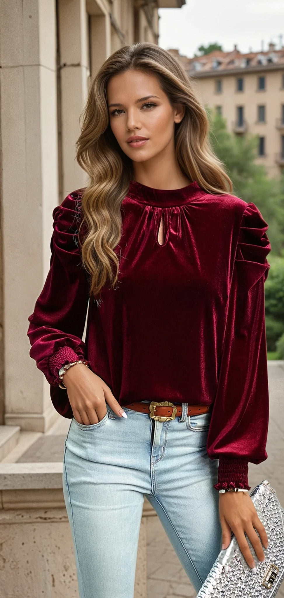 Navy Blue Mock Neck Puff Sleeve Velvet Blouse