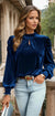 Blusa de terciopelo azul marino de manga de cuello azul marino