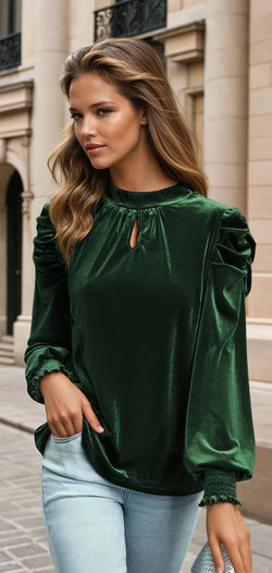 Blusa de terciopelo azul marino de manga de cuello azul marino