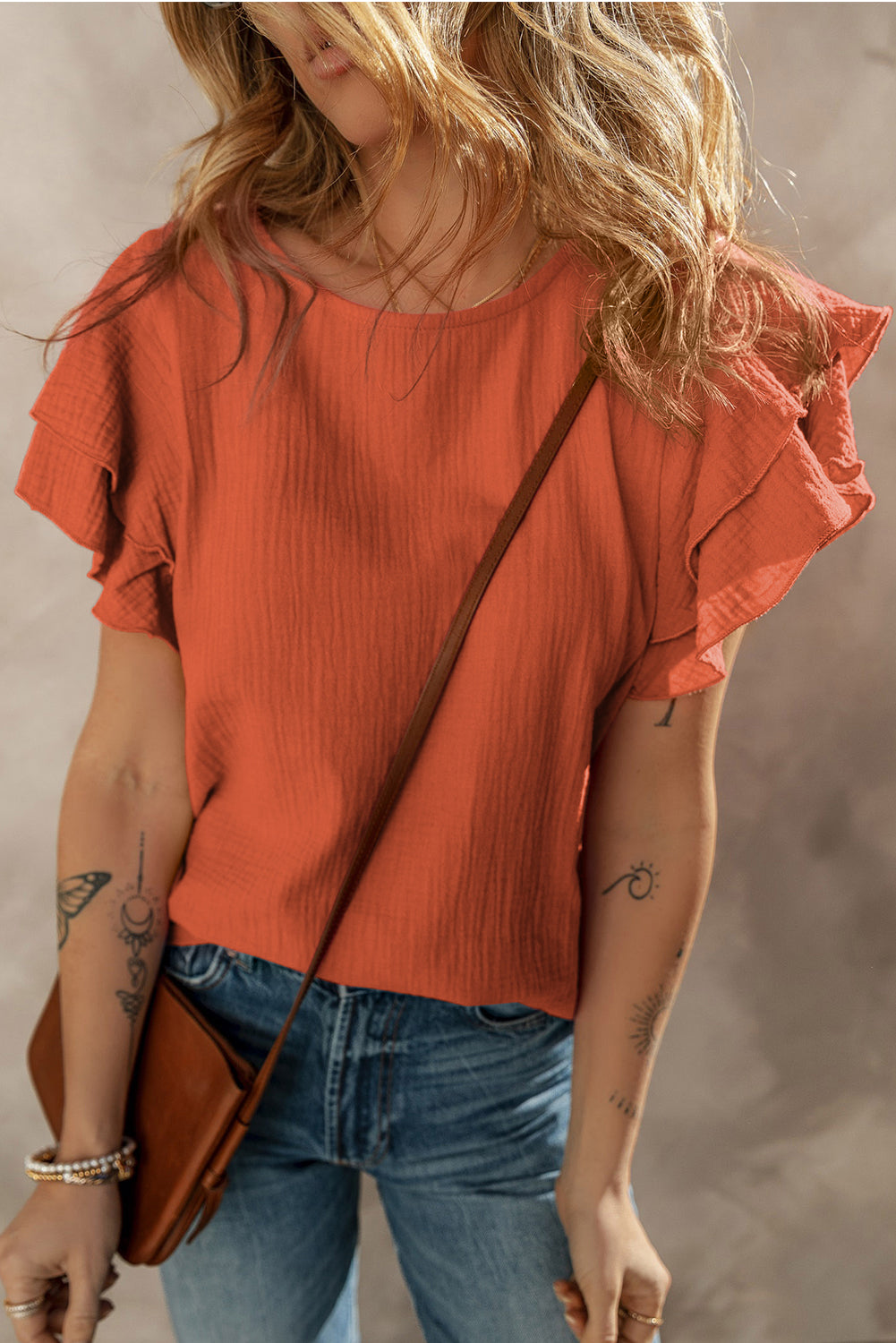 Blusa de manga de algodón de algodón con arrugas de naranja
