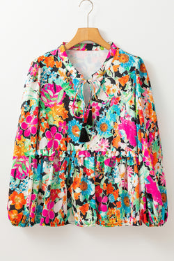 Manga de burbujas de estampado floral multicolor en cuello vecino con almohadillas
