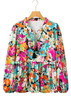 Manga de burbujas de estampado floral multicolor en cuello vecino con almohadillas