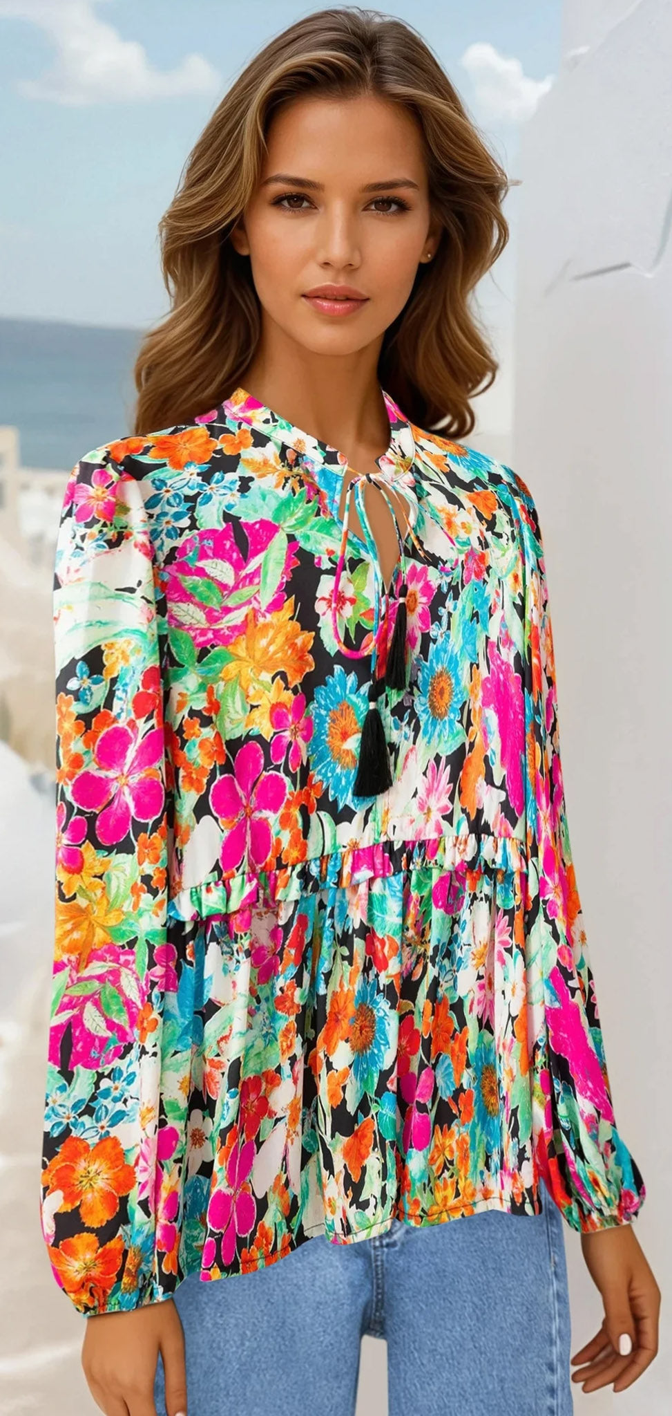 Multicolour Floral Print Bubble Sleeve V Neck Ruffled Blouse