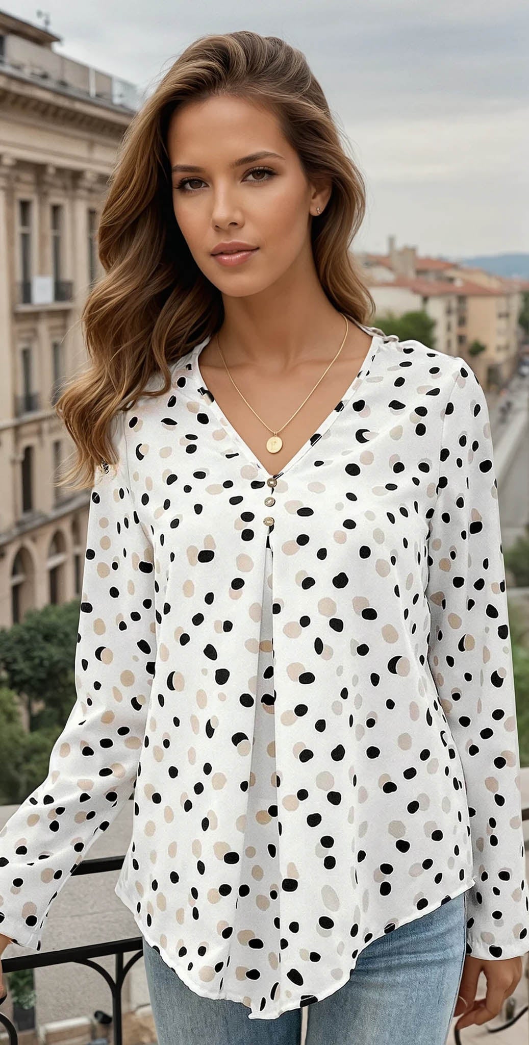 White Polka Dot Print Button Front V Neck Blouse