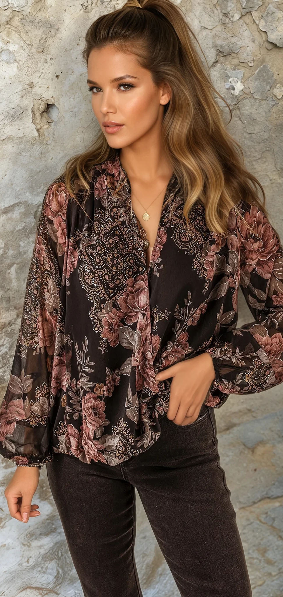 Black Floral Triss Criss V Bluse de manga de globo con cuello