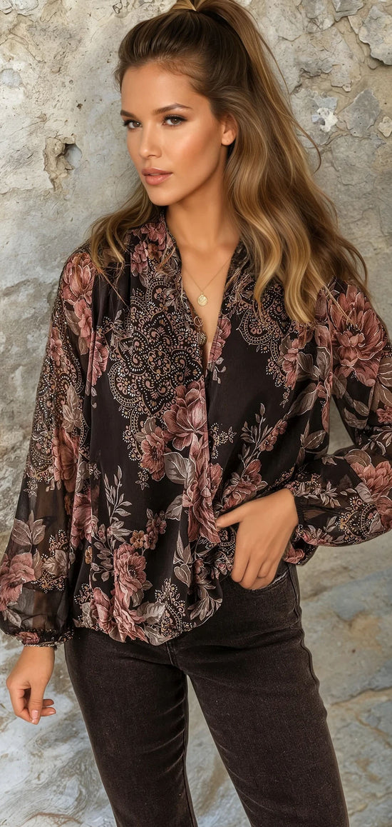 Black Floral Triss Criss V Bluse de manga de globo con cuello