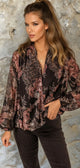 Black Floral Triss Criss V Bluse de manga de globo con cuello