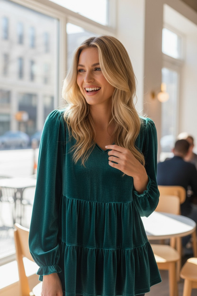 Velvet verde marítimo V Neck Peplum Hem Puff manga de la manga