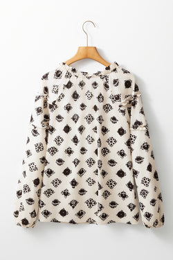 Manga de burbujas de cuello dividido estampado estampado Blusa suelta