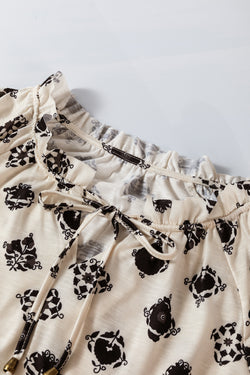 Manga de burbujas de cuello dividido estampado estampado Blusa suelta