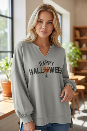 Paillettes grigio medio happy Halloween graphic topio a manica lunga