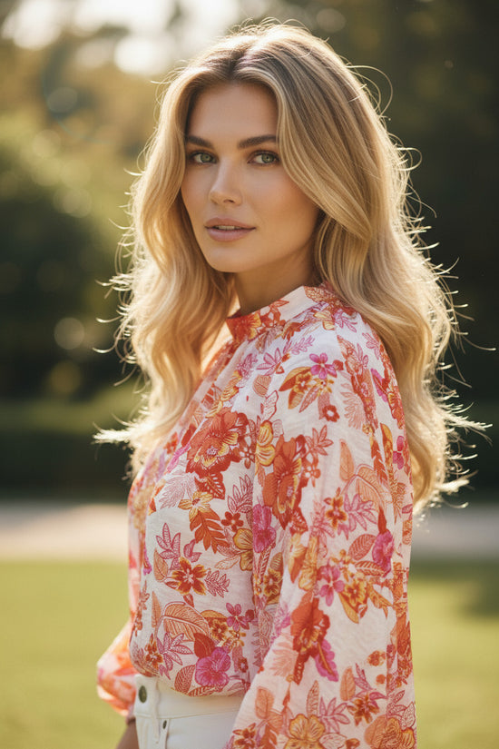 Botão de pérola de impressão floral laranja Blusa de manga longa de sopa longa