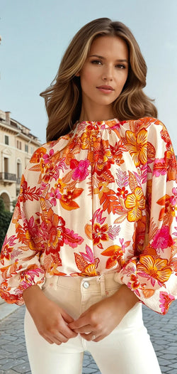 Botón de perla de estampado floral naranja Botón de llaves Long Puff manga blusa