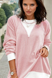 Peach Blossom Corded Colorblock Drop Shoulder Loose Top