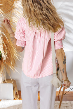 Pink Stripe Shirred Detail V Neck Puff Half Sleeve V Neck Blouse