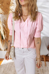 Pink Stripe Shirred Detail V Neck Puff Half Sleeve V Neck Blouse