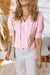 Pink Stripe Shirred Detail V Neck Puff Half Sleeve V Neck Blouse