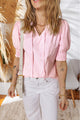 Pink Stripe Shirred Detail V Neck Puff Half Sleeve V Neck Blouse