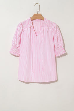 Pink Stripe Shirred Detail V Neck Puff Half Sleeve V Neck Blouse