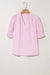 Pink Stripe Shirred Detail V Neck Puff Half Sleeve V Neck Blouse