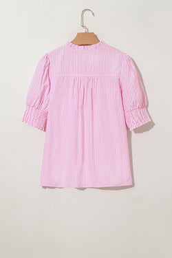Pink Stripe Shirred Detail V Neck Puff Half Sleeve V Neck Blouse