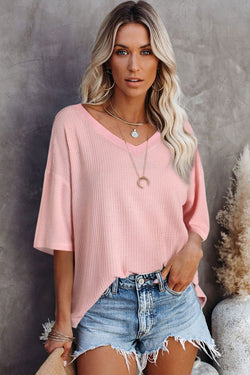 Textura de gofres blancos Cinco de cuello con cuello Camiseta suelta