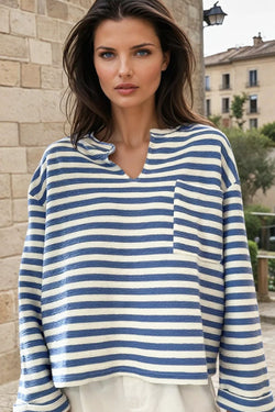 Sky Blue Stripe Chest Pocket Buttoned Back Notched V Neck Top