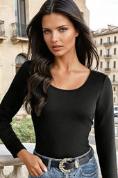 Black Solid Scoop Neck Slim Fit Thermal Top
