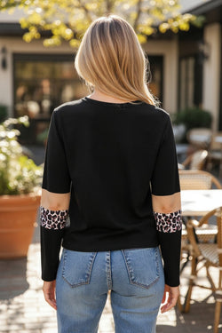 Rose Leopard Colorblock Patchwork Crew pescoço camiseta de manga comprida