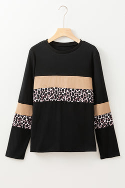 Rose Leopard Colorblock Patchwork Crew pescoço camiseta de manga comprida
