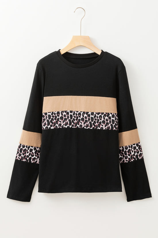 Rose Leopard Colorblock Patchwork Crew pescoço camiseta de manga comprida