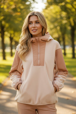 Light French Beige Colorblock Patchwork Half Zip Oversized Sherpa Hoodie
