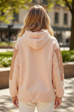 Light French Beige Colorblock Patchwork Half Zip Oversized Sherpa Hoodie
