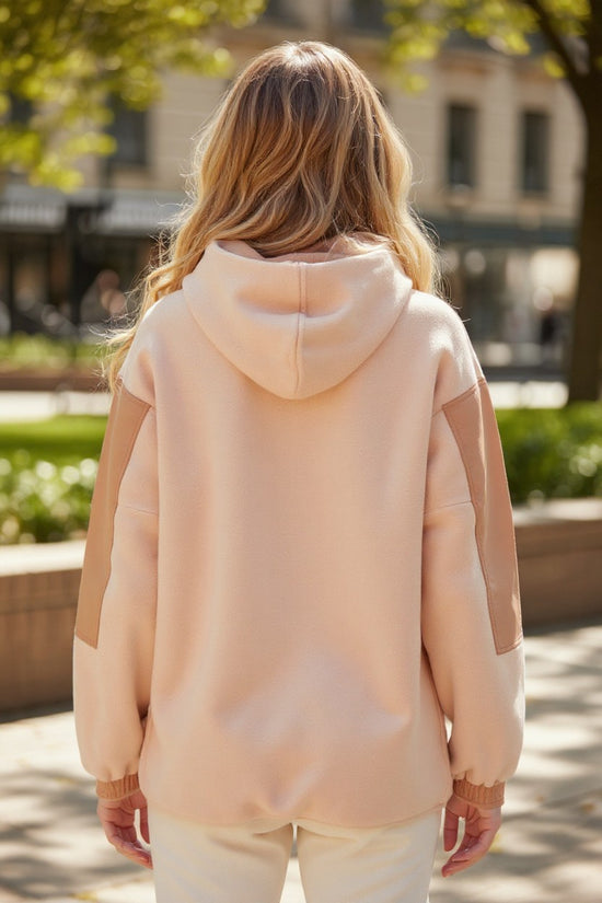 Light French Beige ColorBlock Patchwork Medio zip de gran tamaño Sherpa Sampan