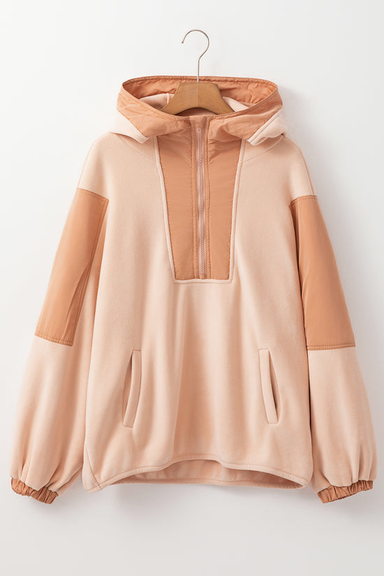 Light French Beige ColorBlock Patchwork Medio zip de gran tamaño Sherpa Sampan