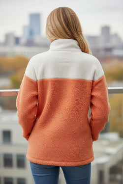 Orange Colorblock Half Zipper Stand Neck Sherpa Sweatshirt
