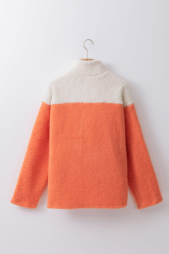 Naranja Colorblock Half Zipper Stand Neck Sherpa Sweatshirt