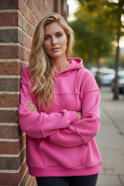 Pitaya Pink Mineral Wash Terry Patchwork Drawstring Hoodie